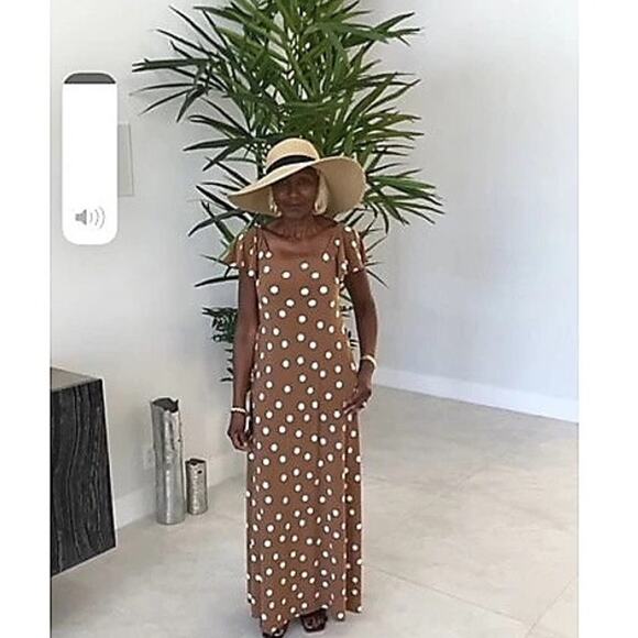 Attitudes by Renee Tall Flutter Maxi Dress Brown Polka Dot Size Medium Tall NWT - Picture 7 of 7
